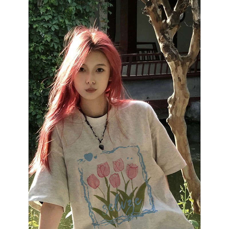 Áo Thun Rộng Tay Ngắn Cổ Tròn In Hình Hoa Màu Trắng Đen Thời Trang Dành Cho Nữ