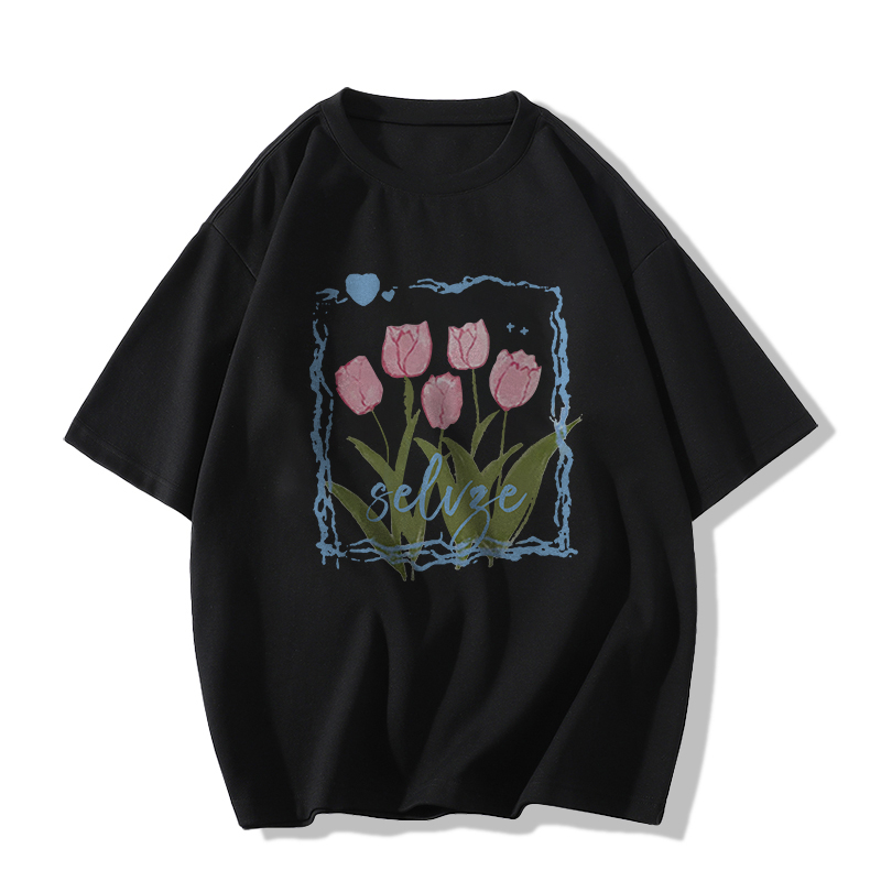 Áo Thun Rộng Tay Ngắn Cổ Tròn In Hình Hoa Màu Trắng Đen Thời Trang Dành Cho Nữ