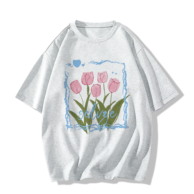 Áo Thun Rộng Tay Ngắn Cổ Tròn In Hình Hoa Màu Trắng Đen Thời Trang Dành Cho Nữ