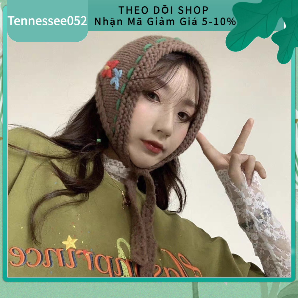 Mũ đan len thủ công cột dây cho nữ Retro Phong Cách Ins Dễ Thương【Tennessee052】