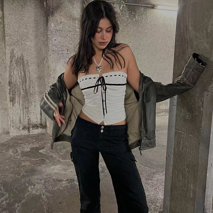 Áo Croptop Sát Nách Trễ Vai Phối Ren Phong Cách Đường Phố Thời Trang Xuân Hè Cho Nữ