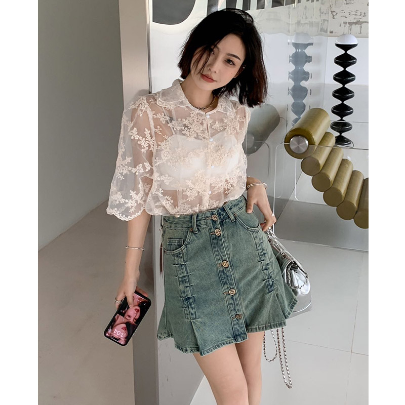 Chân Váy Denim Lưng Cao Thời Trang Mùa Hè 2023 Phong Cách Retro Mới váy ngắn