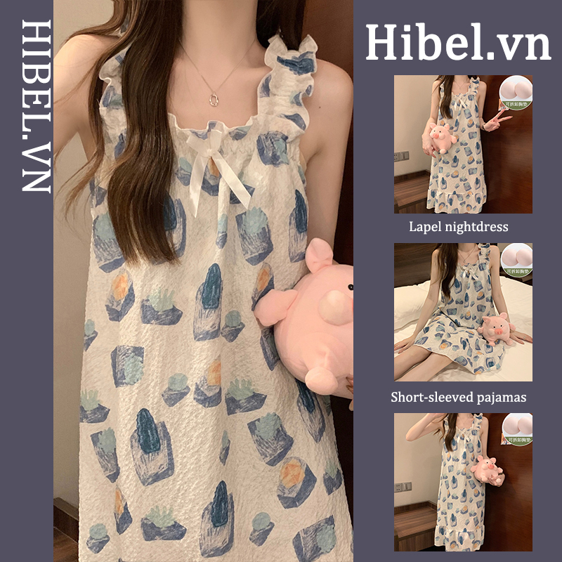 Áo Choàng Ngủ Cotton Hai Dây Có Mút Đệm Ngực Tháo Rời Được Thời Trang Mùa Hè Dành Cho Nữ