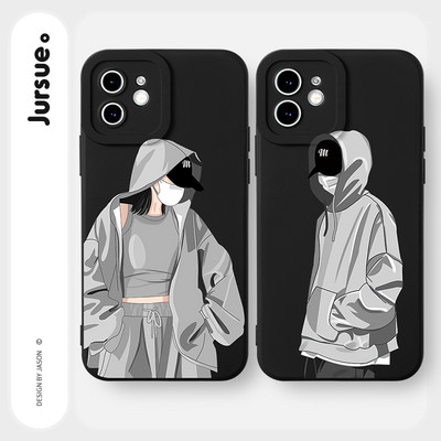 Ốp lưng JURSUE mềm chống bẩn hình cặp đôi nam nữ đen Cho iPhone 17 16 15 14 13 12 11 Pro Max SE 2020 X XR XS ip 8 7 Plus Y3302