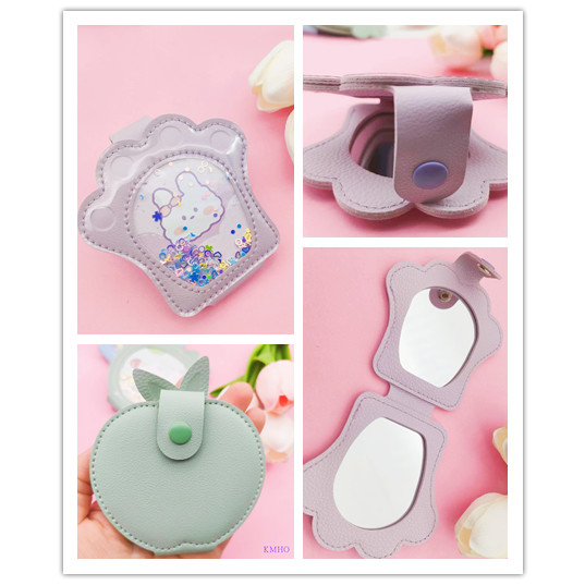 KMHO Trang điểm gương hai mặt gấp di động mini gương dễ thương phim hoạt hình di động hai mặt PU gương sinh viên cầm tay chống rơi vẻ đẹp gương