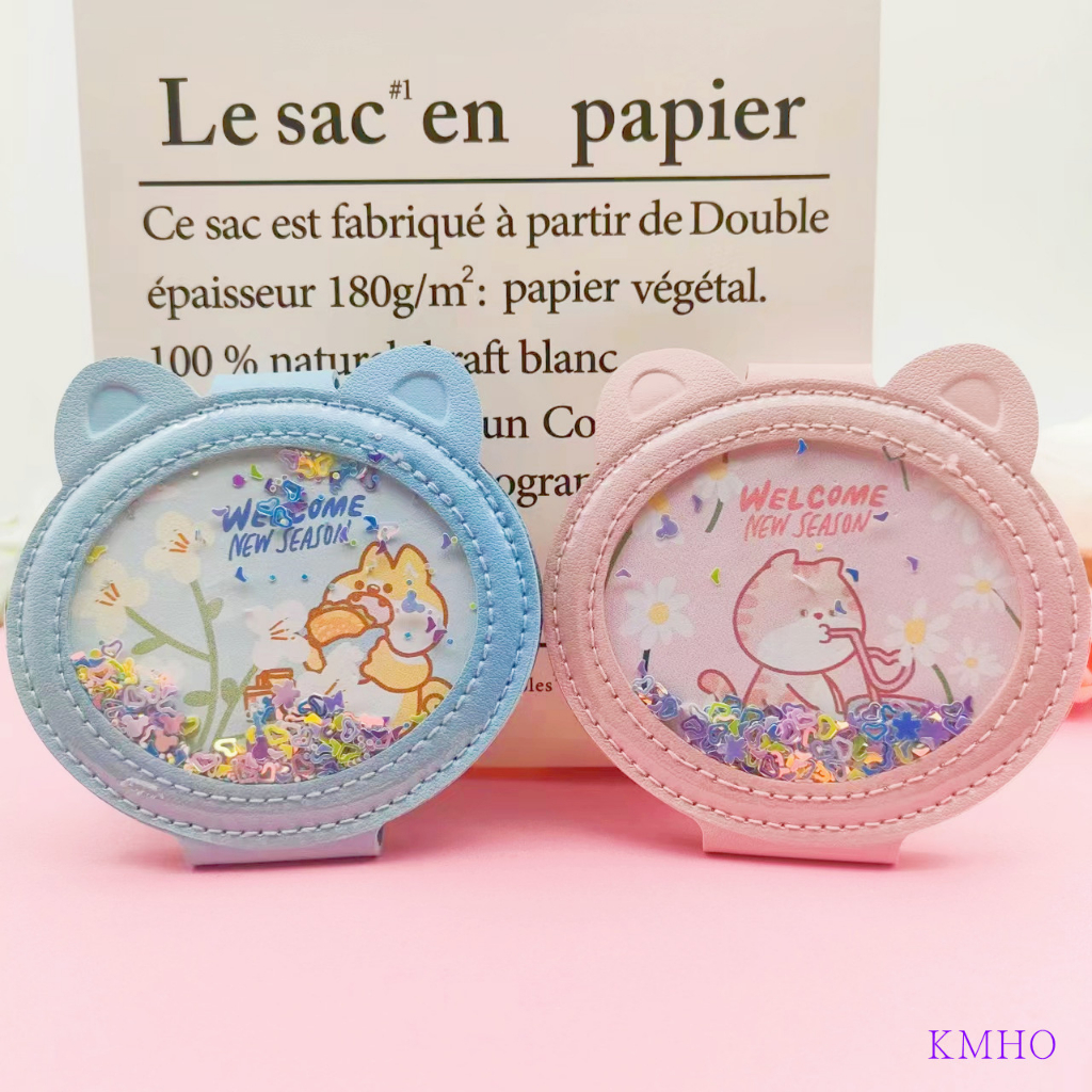 KMHO Trang điểm gương hai mặt gấp di động mini gương dễ thương phim hoạt hình di động hai mặt PU gương sinh viên cầm tay chống rơi vẻ đẹp gương