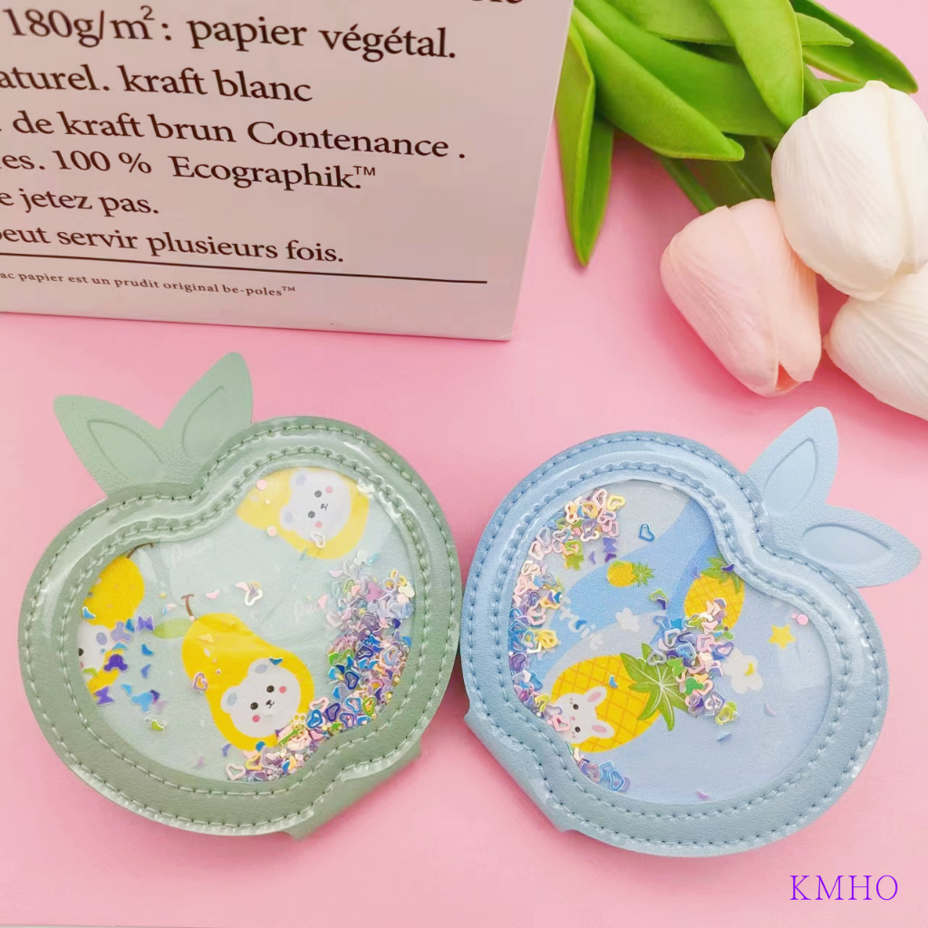 KMHO Trang điểm gương hai mặt gấp di động mini gương dễ thương phim hoạt hình di động hai mặt PU gương sinh viên cầm tay chống rơi vẻ đẹp gương