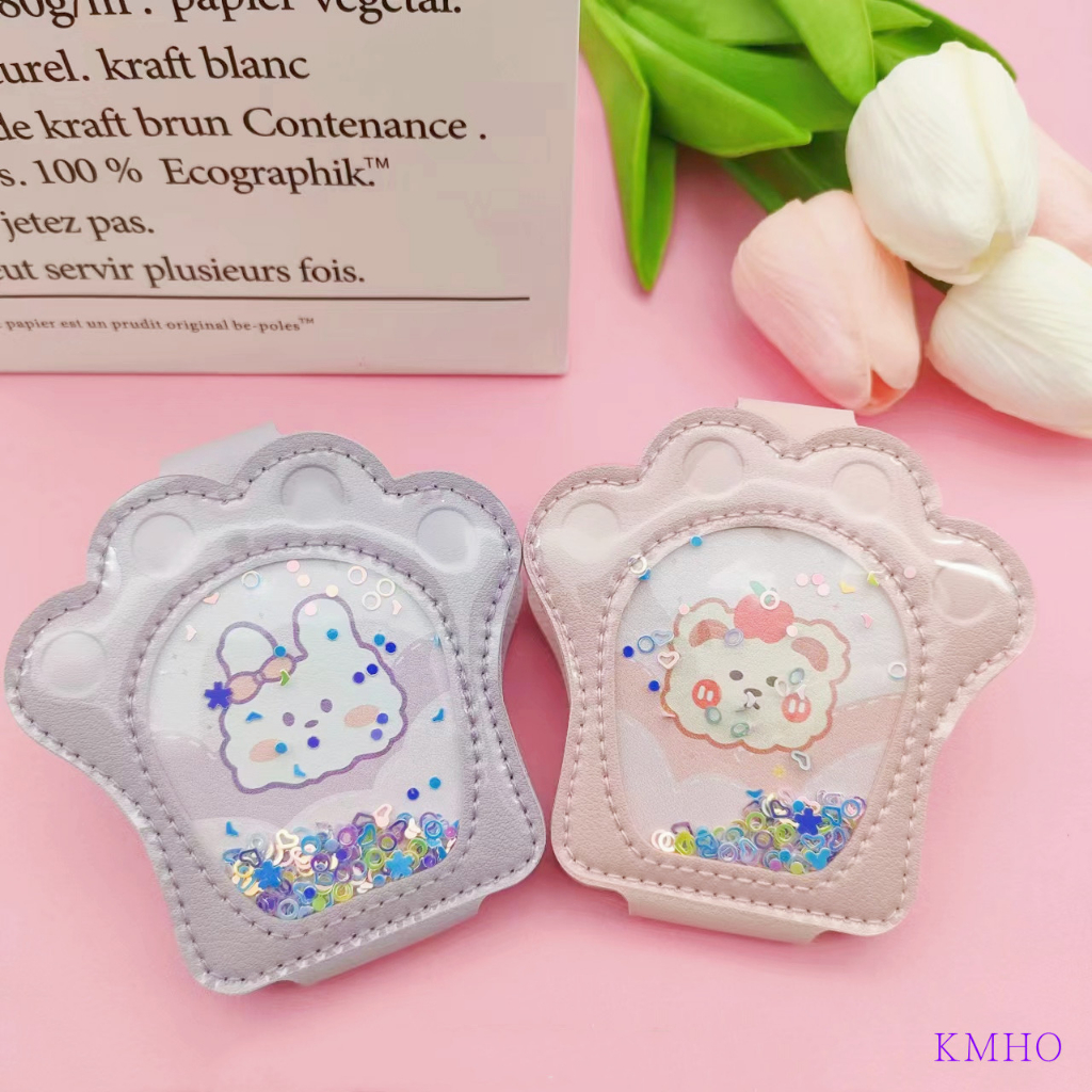 KMHO Trang điểm gương hai mặt gấp di động mini gương dễ thương phim hoạt hình di động hai mặt PU gương sinh viên cầm tay chống rơi vẻ đẹp gương