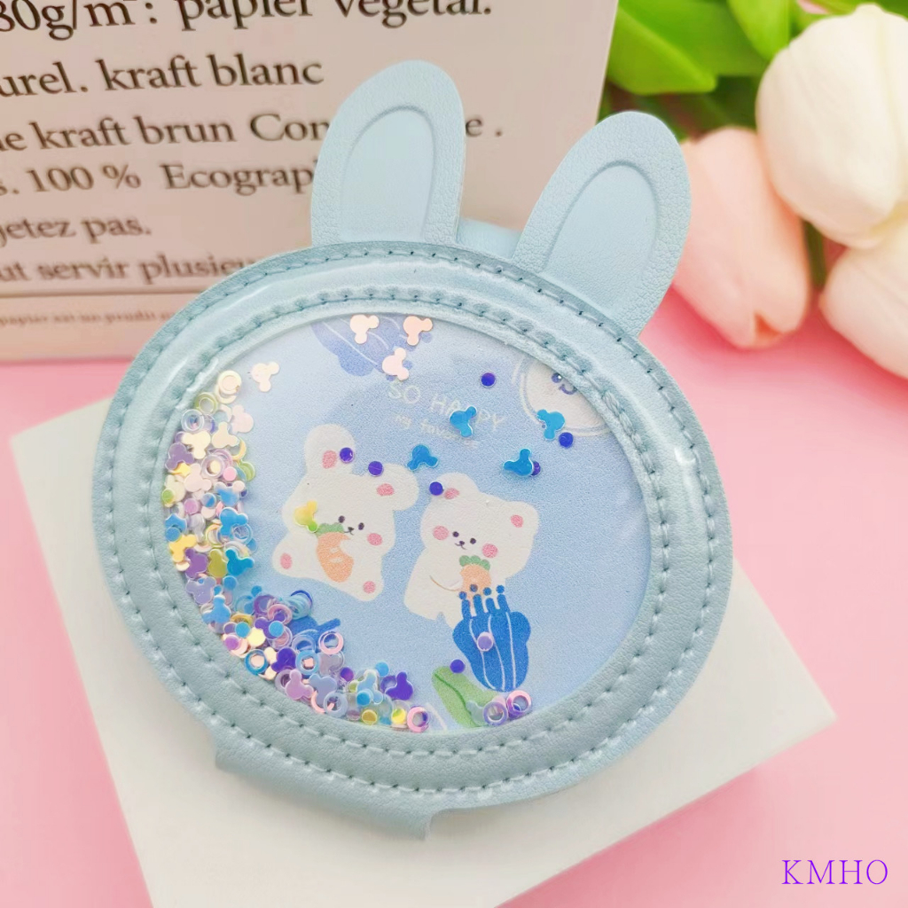 KMHO Trang điểm gương hai mặt gấp di động mini gương dễ thương phim hoạt hình di động hai mặt PU gương sinh viên cầm tay chống rơi vẻ đẹp gương