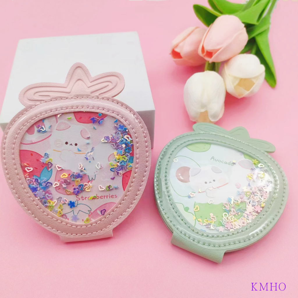KMHO Trang điểm gương hai mặt gấp di động mini gương dễ thương phim hoạt hình di động hai mặt PU gương sinh viên cầm tay chống rơi vẻ đẹp gương