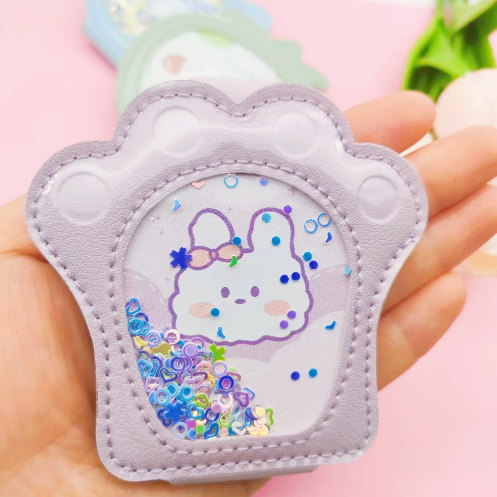 KMHO Trang điểm gương hai mặt gấp di động mini gương dễ thương phim hoạt hình di động hai mặt PU gương sinh viên cầm tay chống rơi vẻ đẹp gương