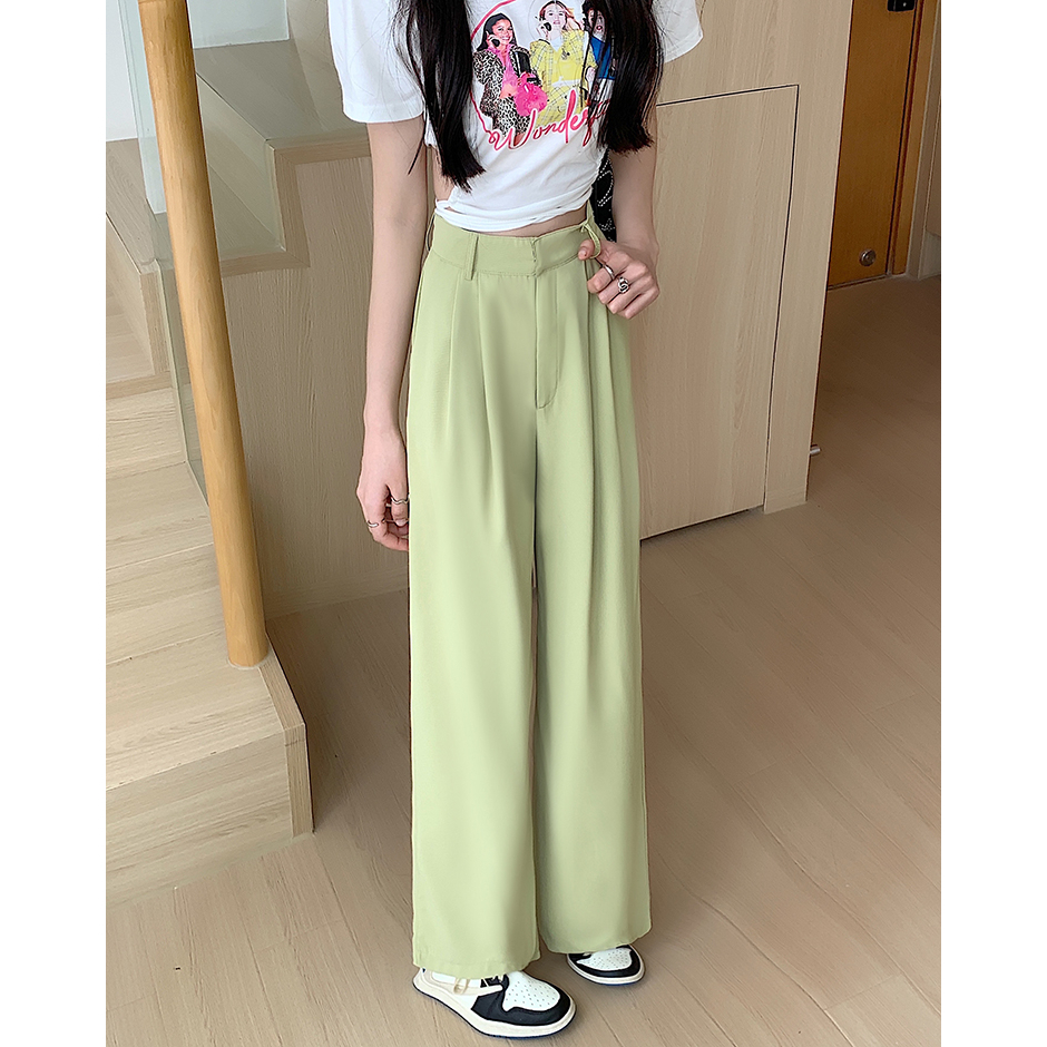 Lalisas Quần Dài Lưng Cao Ống Rộng Màu Trơn Cài Khóa Bên Trong Phong Cách Hàn Quốc Thời Trang Thường Ngày Cho Nữ