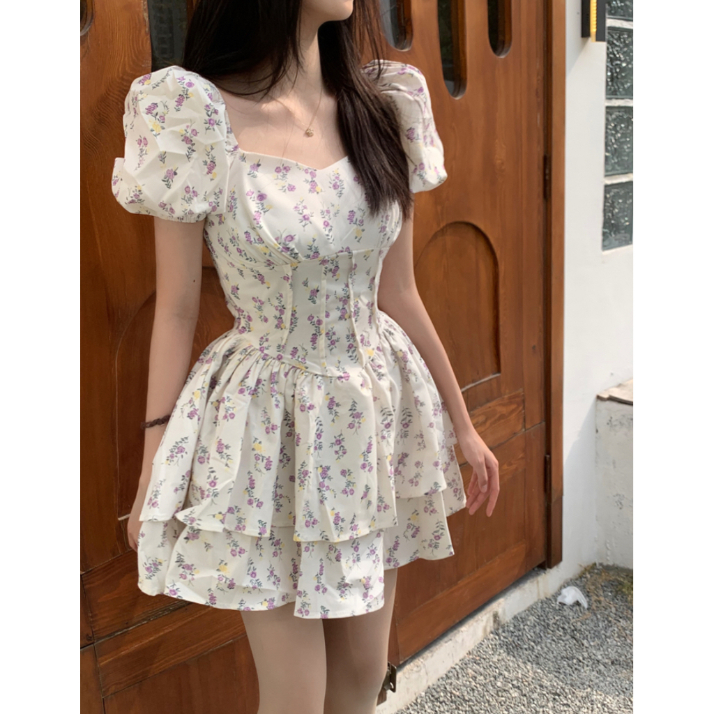 Đầm Tay Phồng Cổ Vuông Họa Tiết Hoa Xinh Xắn Thời Trang Mùa Hè Cho Nữ