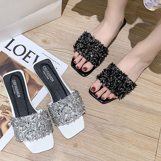 Dép Sandal Hở Ngón Đế Bằng Đính Kim Sa Lấp Lánh Thoải Mái Thời Trang Mùa Hè