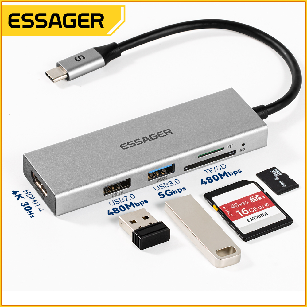 Essager Bộ Chia Cổng usb Type c 4K 30Hz HDMI 5 Trong 1 Đa Năng Cho laptop