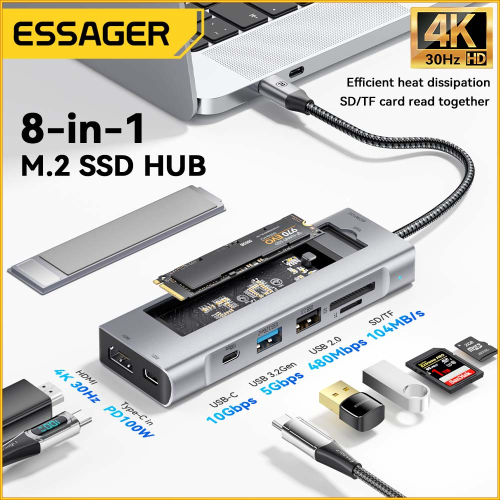 Essager Đầu Đọc Ổ Cứng 8 Trong 1 Hub C M2 SSD 4K HDMI Kết Nối PD 100W usb 3.2 10Gbps Đa Năng Cho Laptop