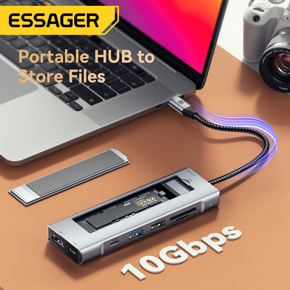 Essager Đầu Đọc Ổ Cứng 8 Trong 1 Hub C M2 SSD 4K HDMI Kết Nối PD 100W usb 3.2 10Gbps Đa Năng Cho Laptop