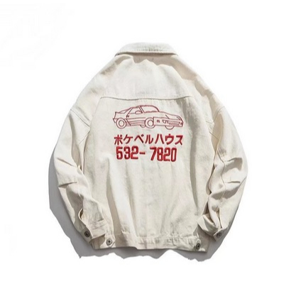 Áo Khoác Bóng Chày Dáng Rộng Thêu Hình Xe Hơi Màu Trắng Đen Kiểu Retro Nhật Bản Thời Trang Mùa Thu Cho Cặp Đôi