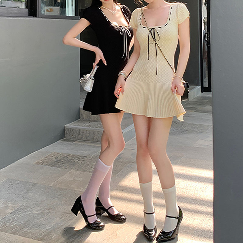 Đầm Dệt Kim Ôm Dáng Thời Trang Xuân Hè Cho Nữ Áo Thun Tay Ngắn Màu Trắng Đen Thời Trang