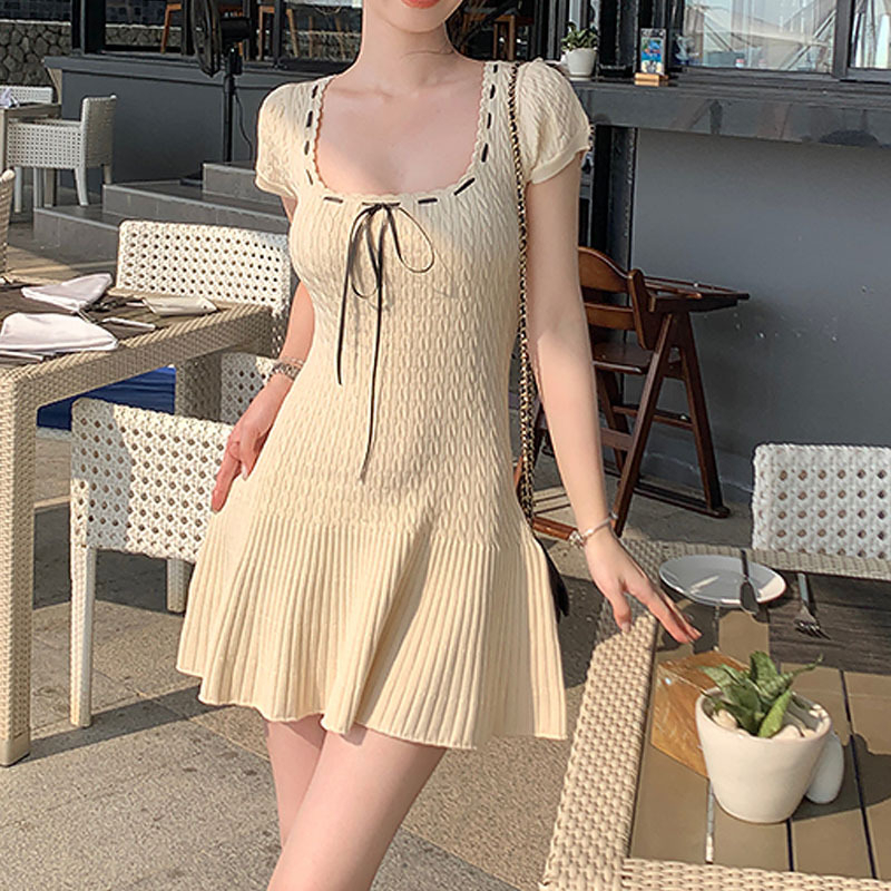 Đầm Dệt Kim Ôm Dáng Thời Trang Xuân Hè Cho Nữ Áo Thun Tay Ngắn Màu Trắng Đen Thời Trang