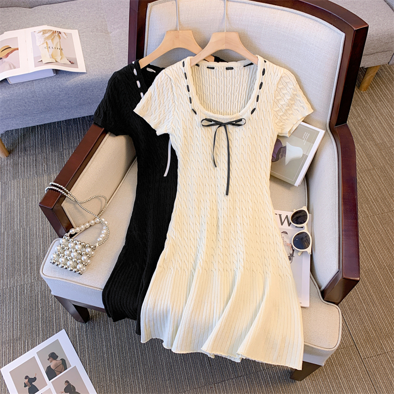 Đầm Dệt Kim Ôm Dáng Thời Trang Xuân Hè Cho Nữ Áo Thun Tay Ngắn Màu Trắng Đen Thời Trang