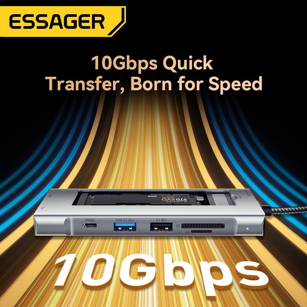 Essager Đầu Đọc Ổ Cứng 8 Trong 1 Hub C M2 SSD 4K HDMI Kết Nối PD 100W usb 3.2 10Gbps Đa Năng Cho Laptop