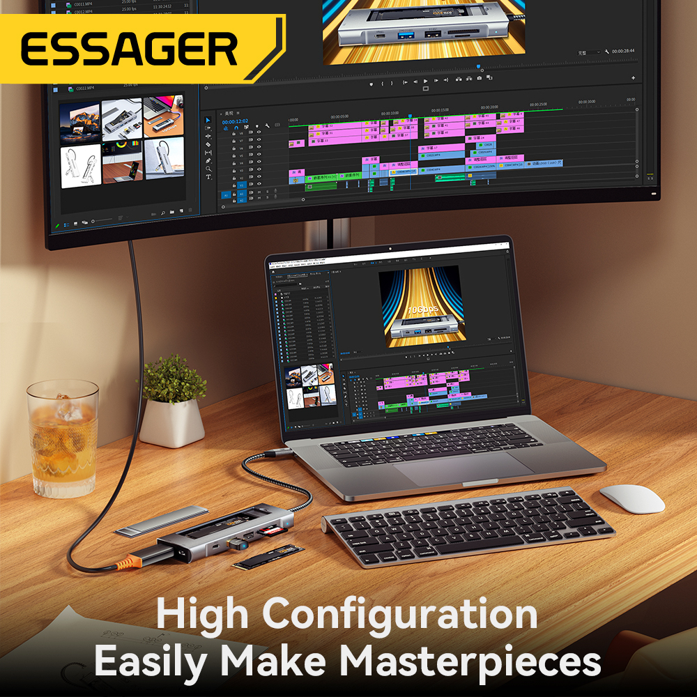 Essager Đầu Đọc Ổ Cứng 8 Trong 1 Hub C M2 SSD 4K HDMI Kết Nối PD 100W usb 3.2 10Gbps Đa Năng Cho Laptop