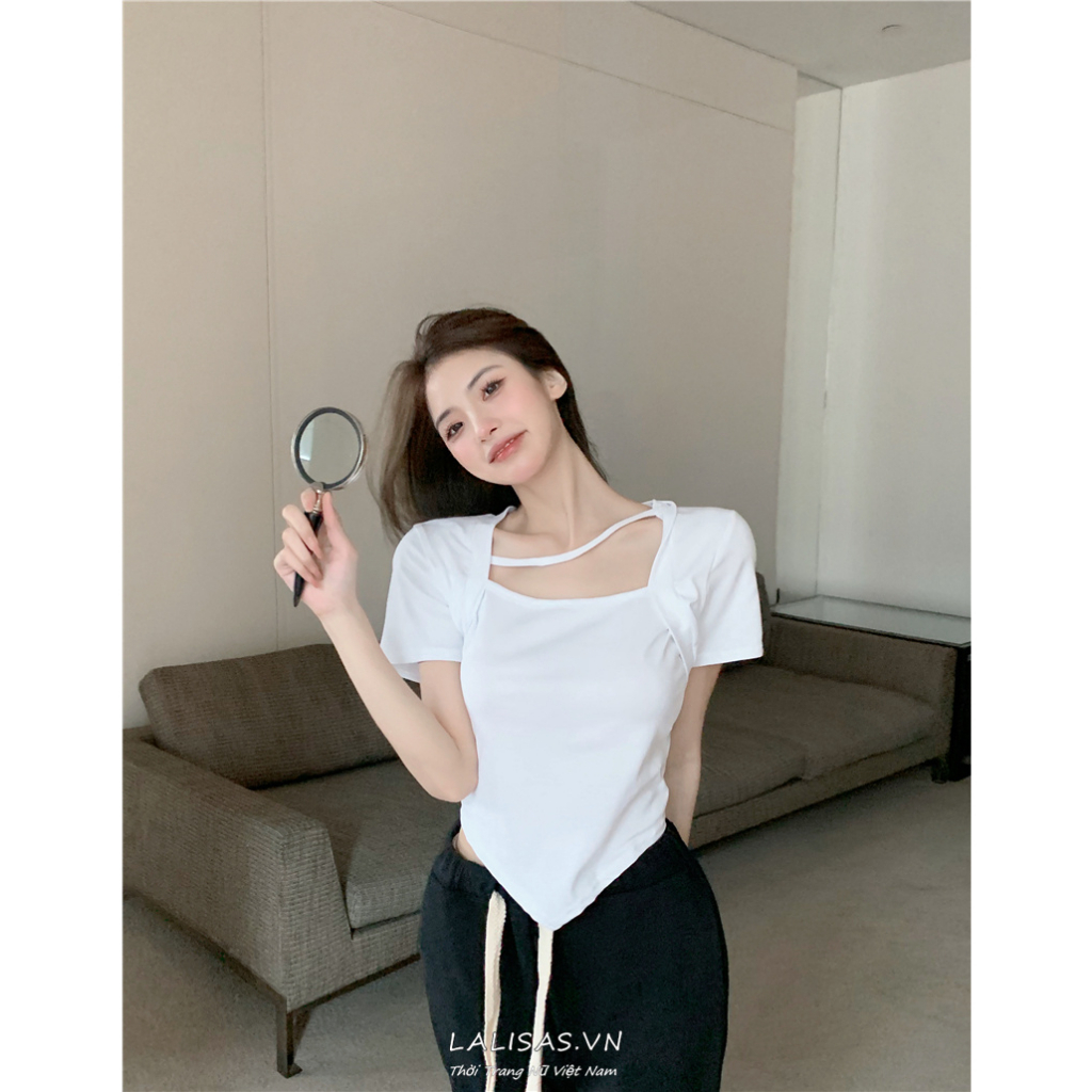 Áo Thun cotton Tay Ngắn Cổ Vuông Màu Trơn Thời Trang Dành Cho Nữ