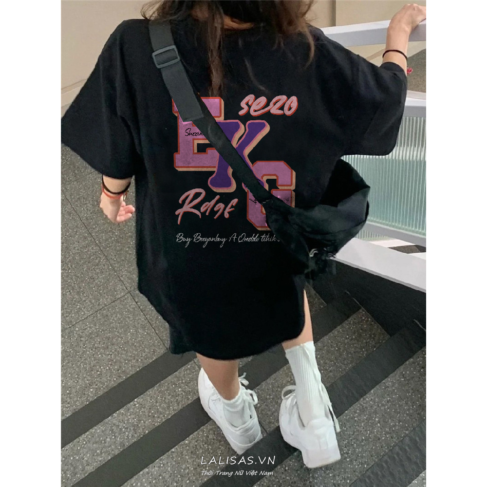 Áo Thun cotton Tay Ngắn Dáng Rộng In Chữ Sau Lưng Phong Cách retro Mỹ Thời Trang Cho Nữ