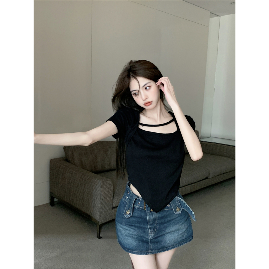 Áo Thun cotton Tay Ngắn Cổ Vuông Màu Trơn Thời Trang Dành Cho Nữ