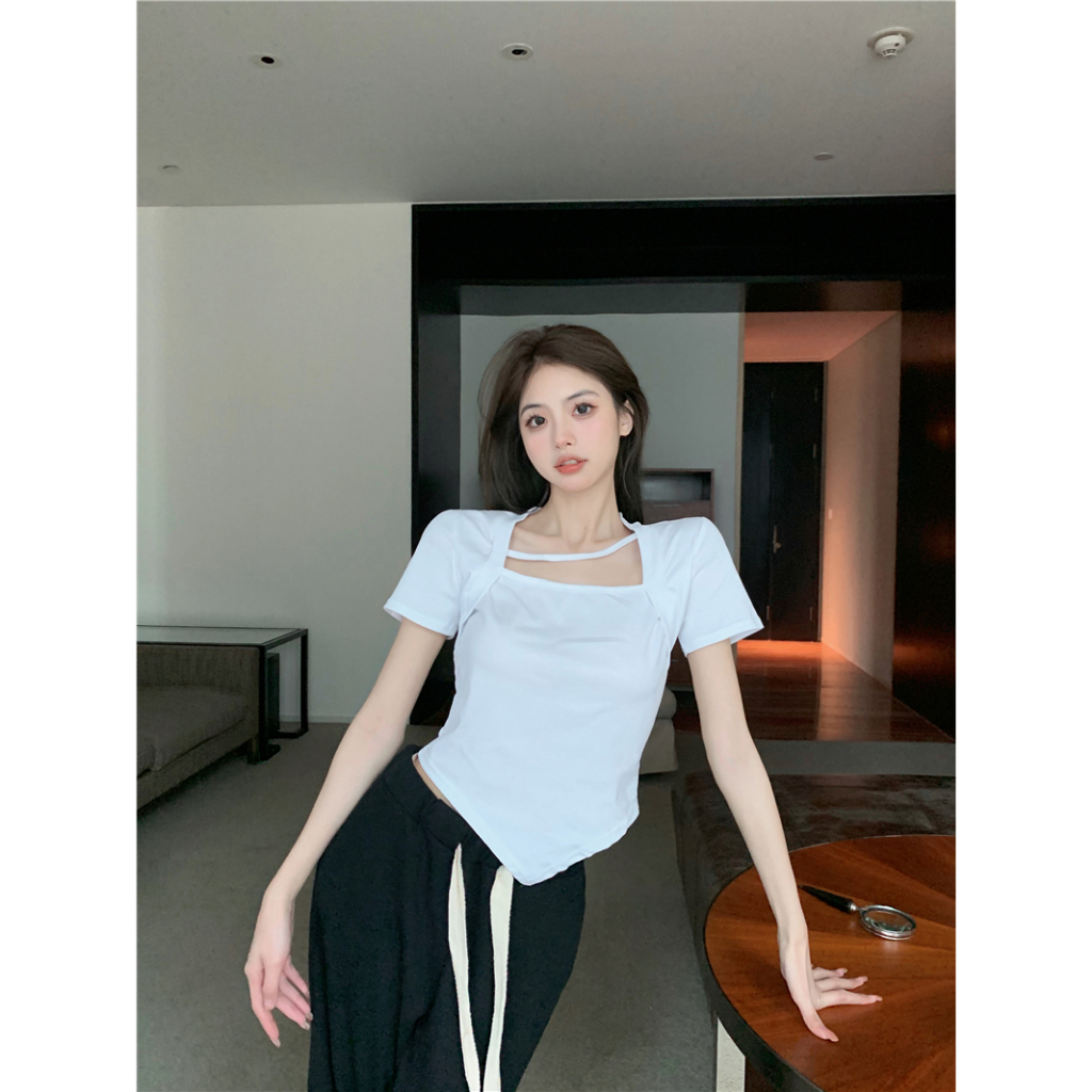 Áo Thun cotton Tay Ngắn Cổ Vuông Màu Trơn Thời Trang Dành Cho Nữ