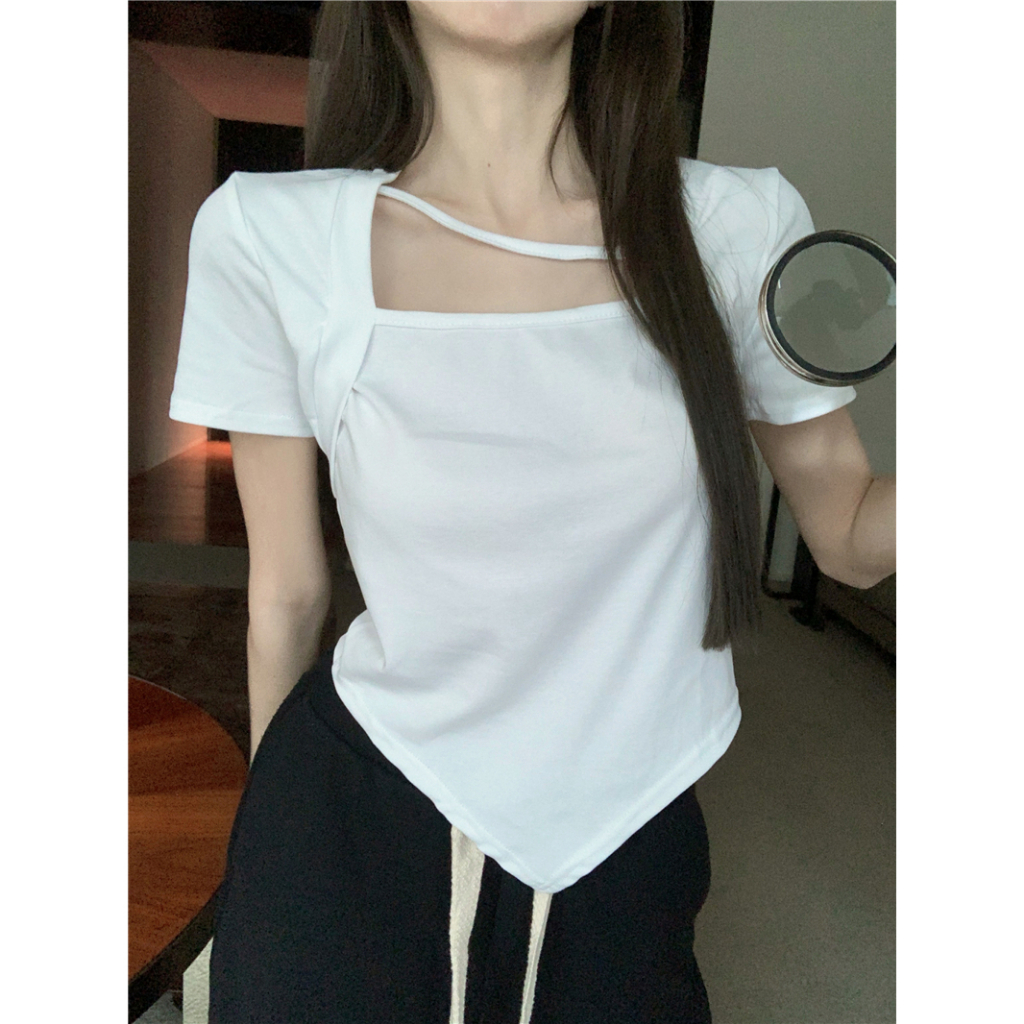 Áo Thun cotton Tay Ngắn Cổ Vuông Màu Trơn Thời Trang Dành Cho Nữ