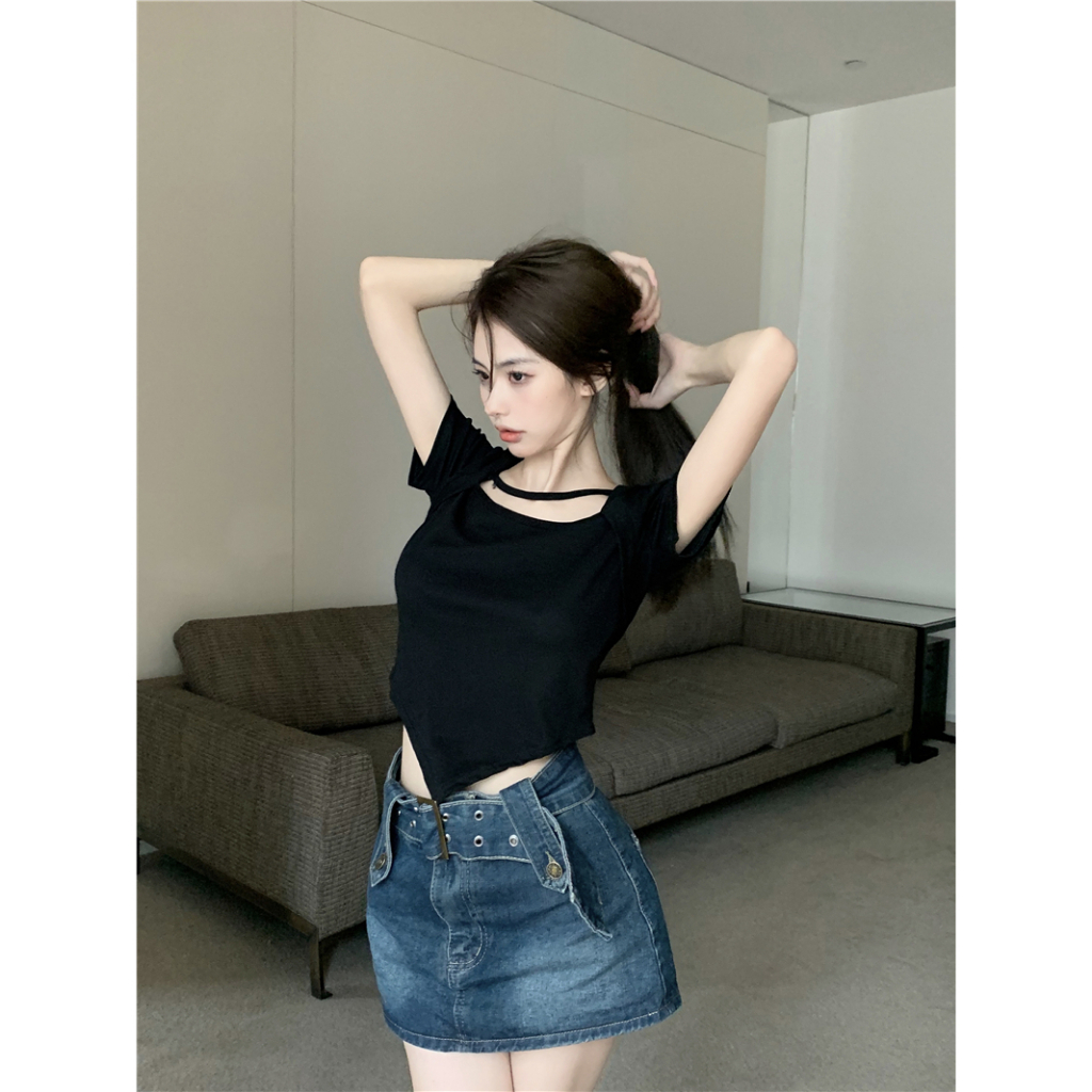 Áo Thun cotton Tay Ngắn Cổ Vuông Màu Trơn Thời Trang Dành Cho Nữ