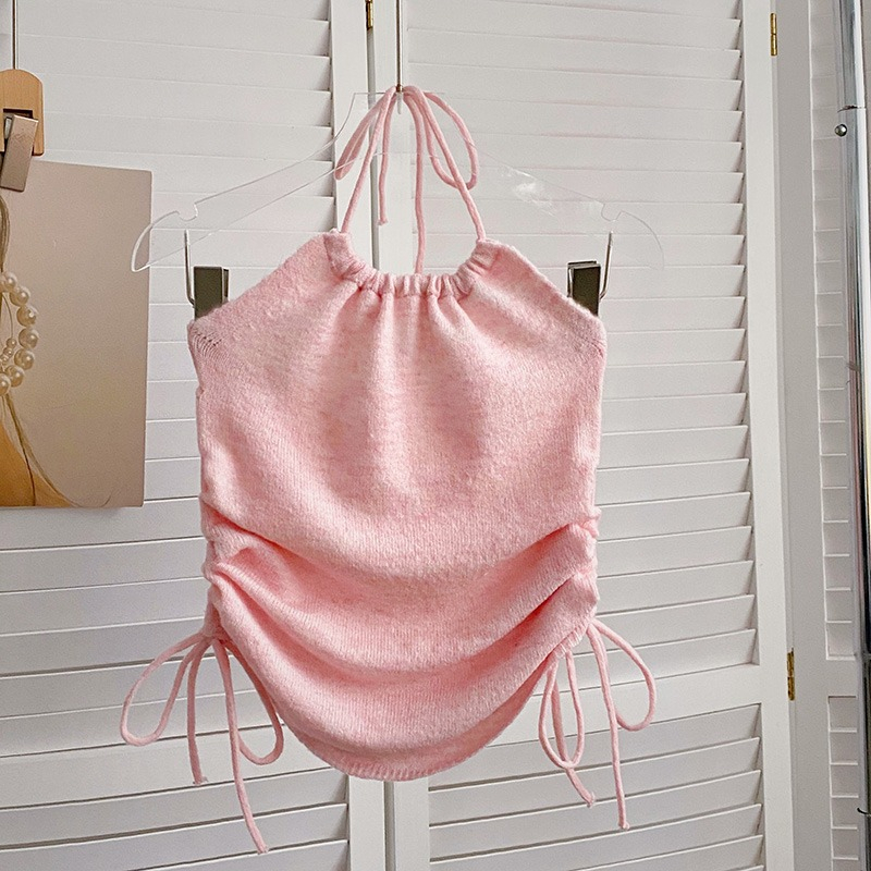 Áo Tank Top Dệt Kim Màu Trơn Và Dây Đeo Cổ Phiên Bản Hàn Quốc Mùa Hè Cho Nữ