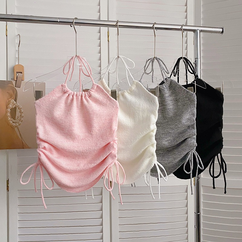 Áo Tank Top Dệt Kim Màu Trơn Và Dây Đeo Cổ Phiên Bản Hàn Quốc Mùa Hè Cho Nữ