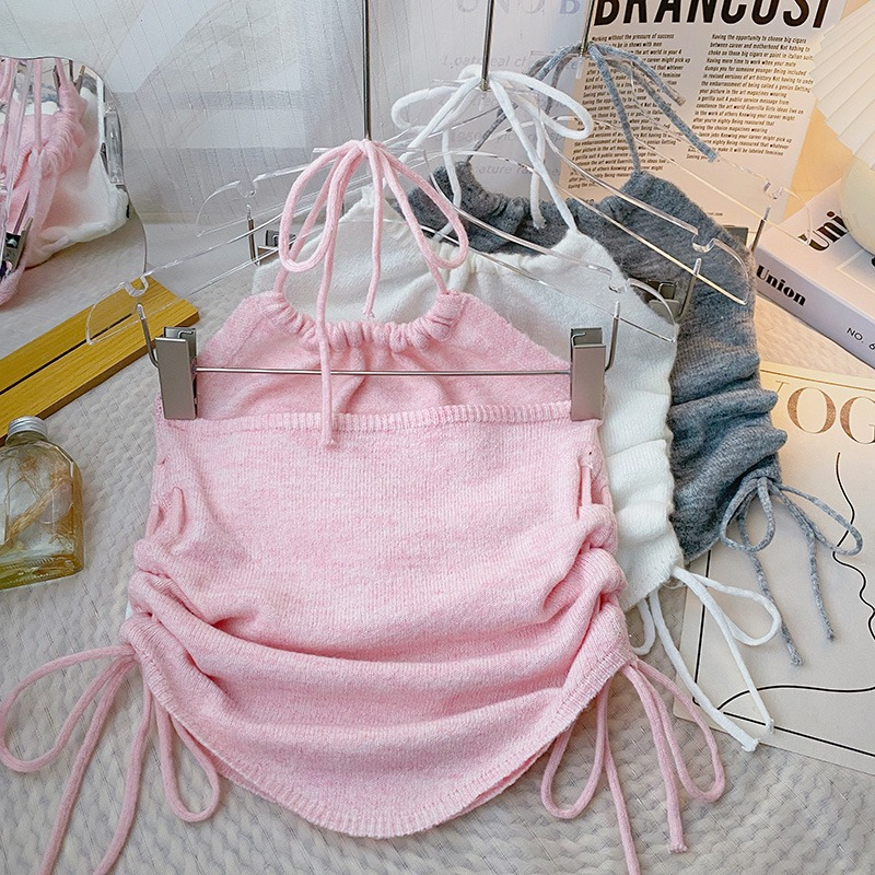 Áo Tank Top Dệt Kim Màu Trơn Và Dây Đeo Cổ Phiên Bản Hàn Quốc Mùa Hè Cho Nữ