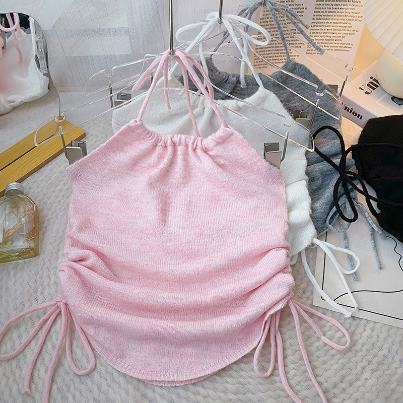 Áo Tank Top Dệt Kim Màu Trơn Và Dây Đeo Cổ Phiên Bản Hàn Quốc Mùa Hè Cho Nữ