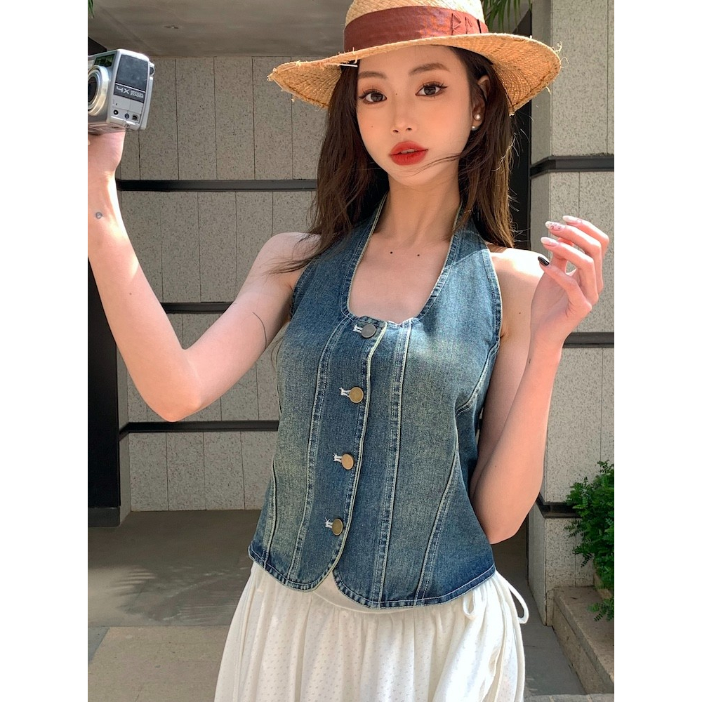 Áo Denim Không Tay Phong Cách Retro Thời Trang Cho Nữ