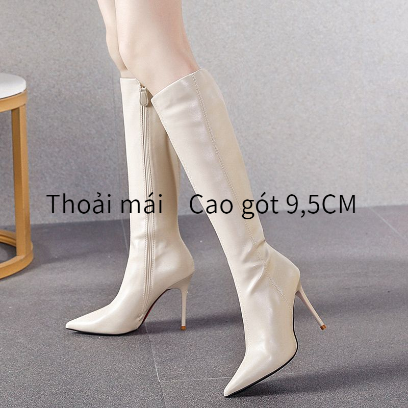 Giày Bốt Cao Gót Mũi Nhọn Cao Đến Đầu Gối Phong Cách Hong Kong Cổ Điển Thời Trang 2023 Mới Cho Nữ