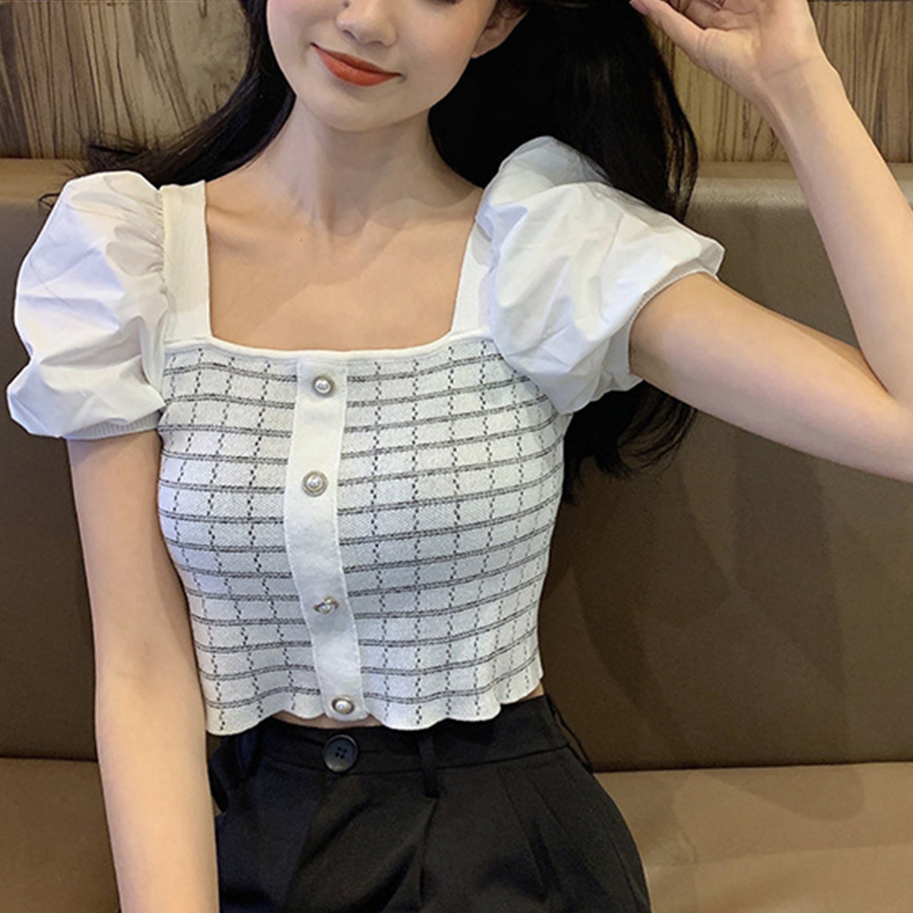 Frontline Áo Tay Phồng Ngắn Cổ Sqaure Họa Tiết Kẻ Sọc Cài Nút Retro Thanh Lịch Cho Nữ Hàng Đầu Mùa Hè