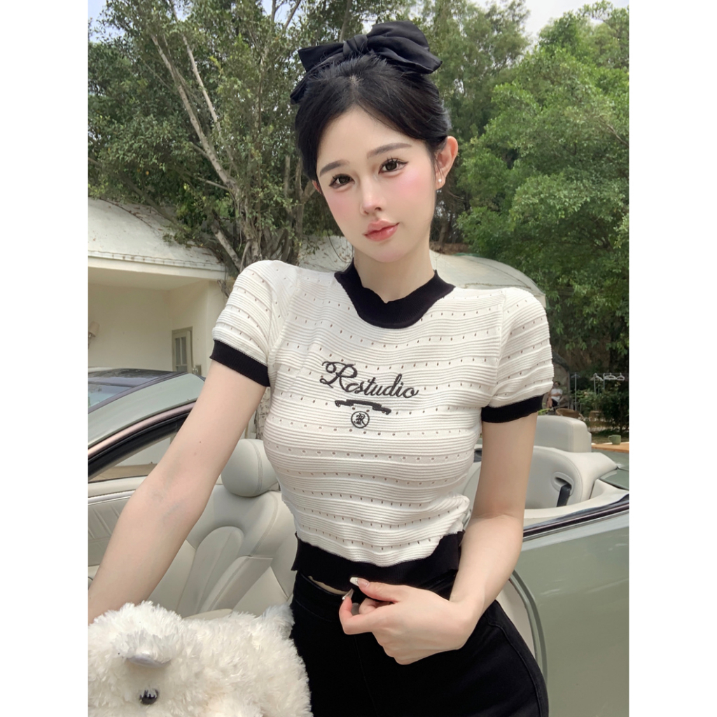 Áo Dệt Kim Mỏng Tay Ngắn Dáng Ôm Thời Trang Mùa Hè Cho Nữ