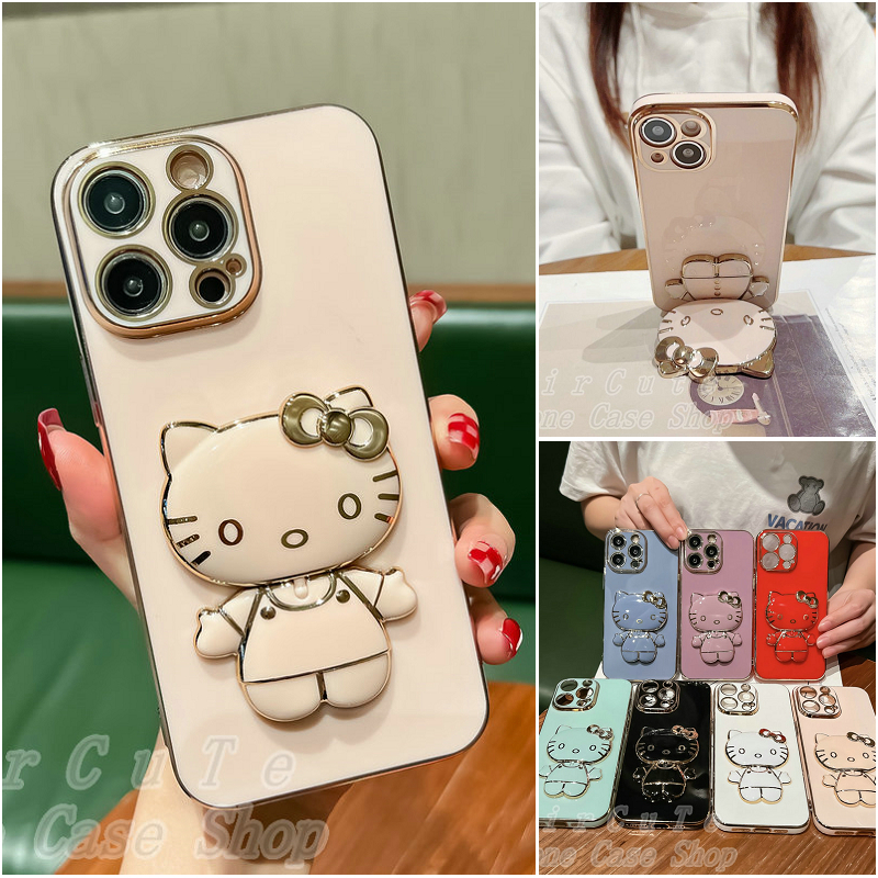 Ốp lưng Samsung A71 A53 A52 A52S A51 A50 A50S A32 A31 A30 A30S A23 A20 A10 A10S 4G 5G Electroplating Hello Kitty Cat Cosmetic Mirror Stand Soft Case