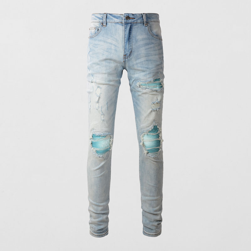 Amiri Street Fashion Mens Jeans Stretch Retro Light Blue Slim Fit Jeans Mens Punk Pants Patch Designer Hip Hop Pants Hombre