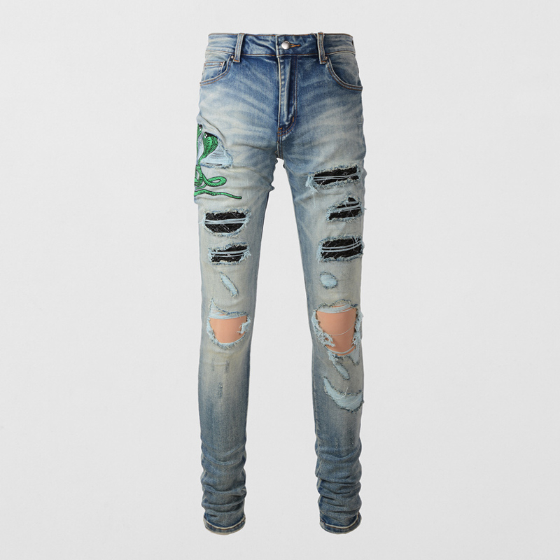Amiri Street Fashion Mens Jeans Vintage Blue Elastic Slim Fit Jeans Mens Perforated Pants Cobra Patch Designer Hip Hop Denim Pants
