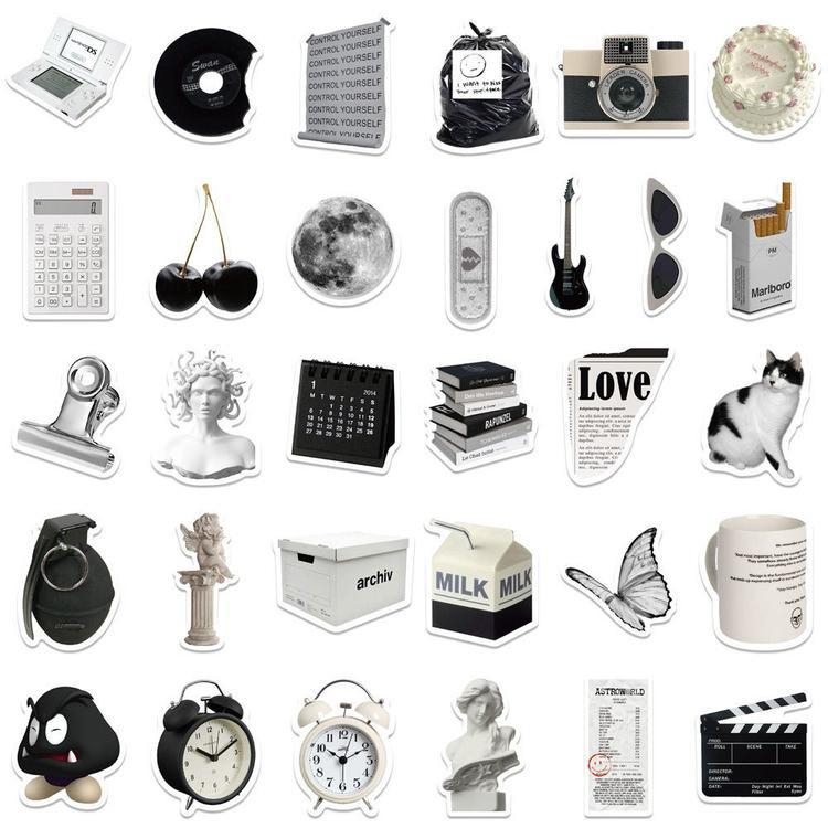 Set 61 Miếng Dán Trang Trí DIY Họa Tiết Trắng Đen Đơn Giản Dễ Thương Đa Ứng Dụng