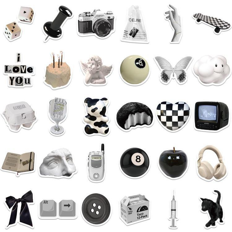 Set 61 Miếng Dán Trang Trí DIY Họa Tiết Trắng Đen Đơn Giản Dễ Thương Đa Ứng Dụng