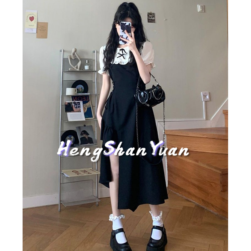 Đầm HENG SHAN YUAN giả hai mảnh xẻ tà phối màu tương phản thời trang cá tính cho nữ