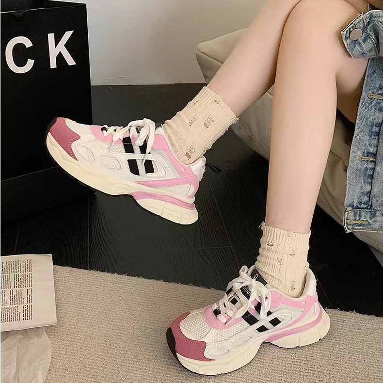 Giày Thể Thao Đế Độn 3.5cm Gọn Nhẹ Thoáng Khí Thời Trang Mùa Hè Hàn Quốc 2023 Màu Hồng / Đen