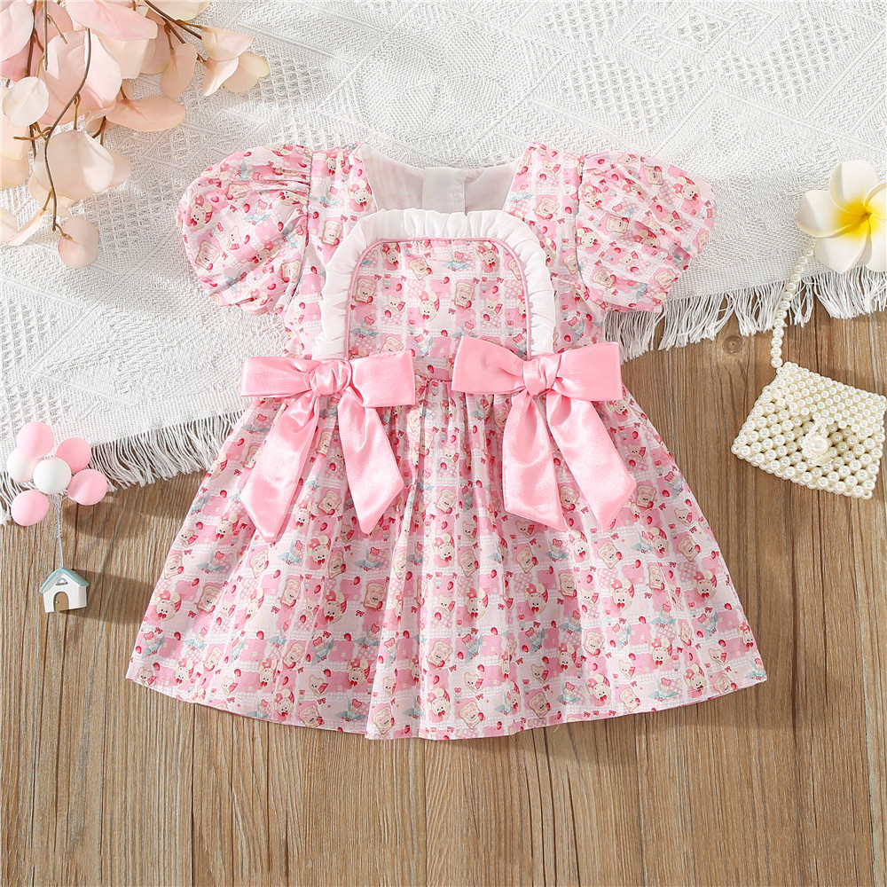 Đầm Bé Gái Tay Ngắn Phồng Có Diềm Xếp Nếp + Nơ Thời Trang Mùa Hè Ngọt Ngào Cho Bé Gái 0-3 Tuổi