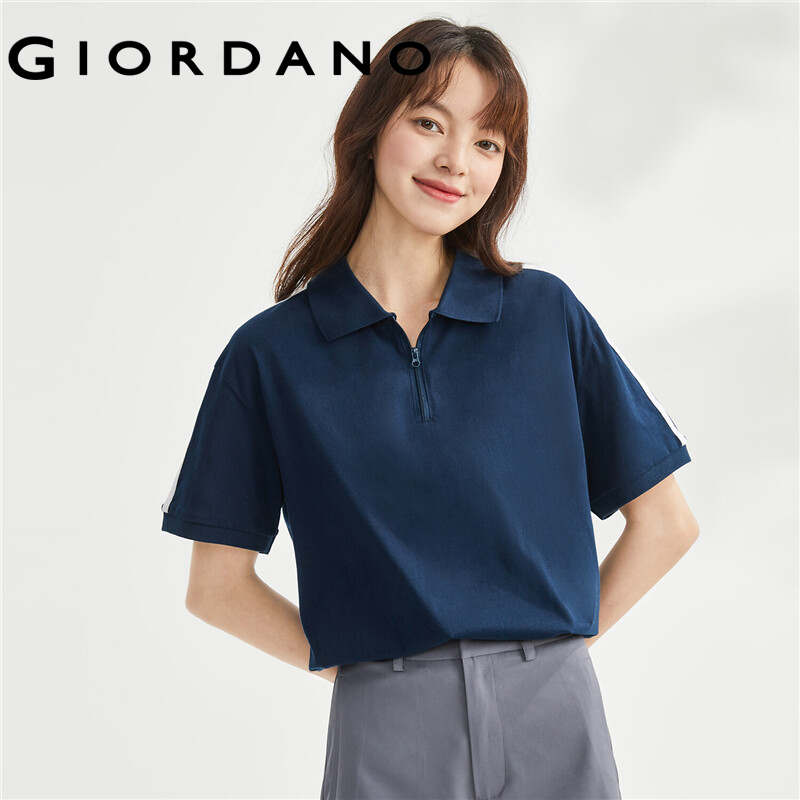 GIORDANO WOMEN 2 Stripes half-zip short sleeve polo shirt 13313201